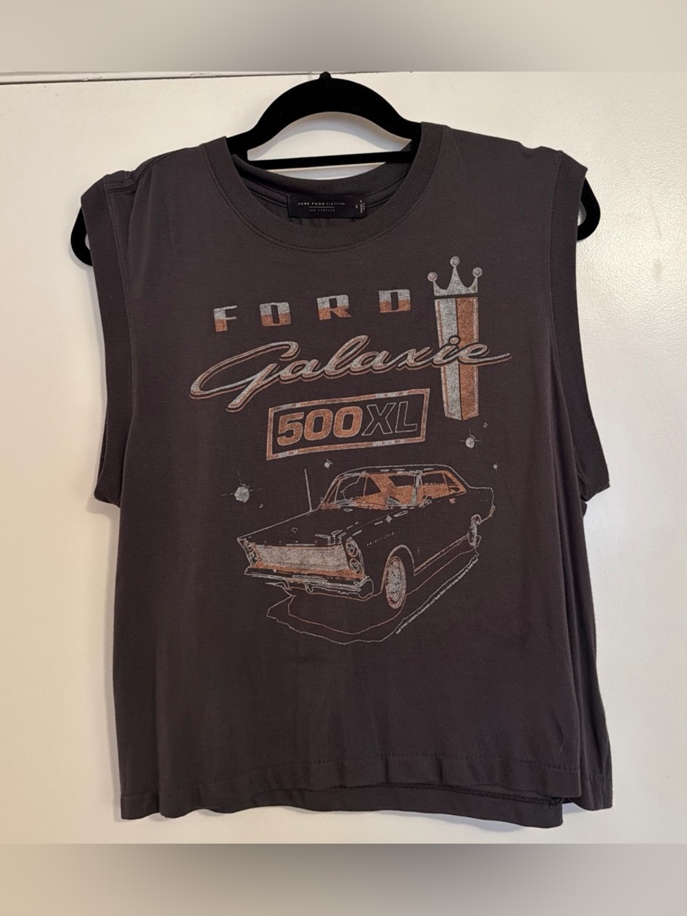 Junk Food Clothing Black Muscle Tank with Orange & White Ford Galaxie Graphic